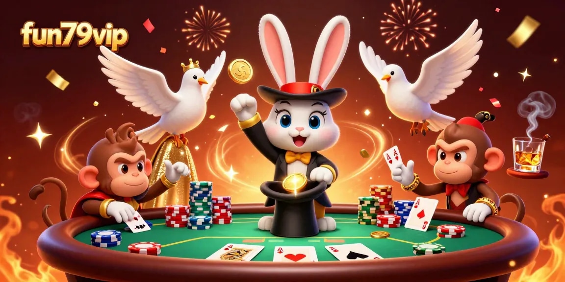 Experience the excitement at fun79vip while a magician rabbit pulls golden coins and a monkey picks poker chips.