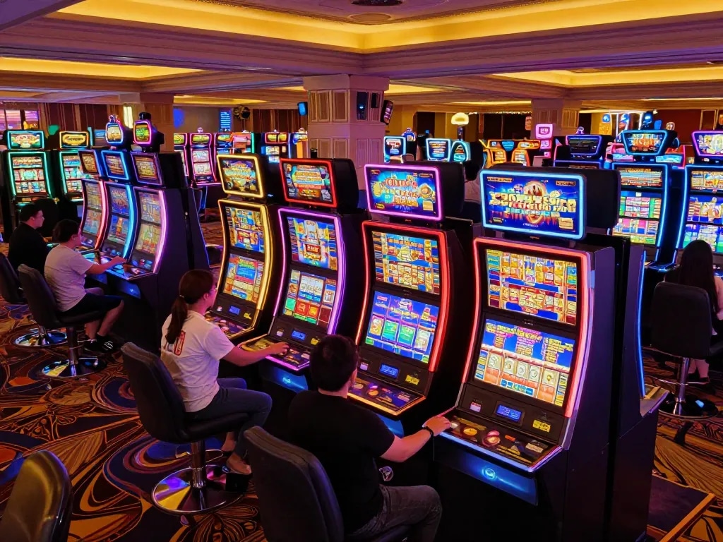 Players enjoy the thrill of LGOLUX slot machines in an upscale casino atmosphere with vibrant lighting and engaging gameplay