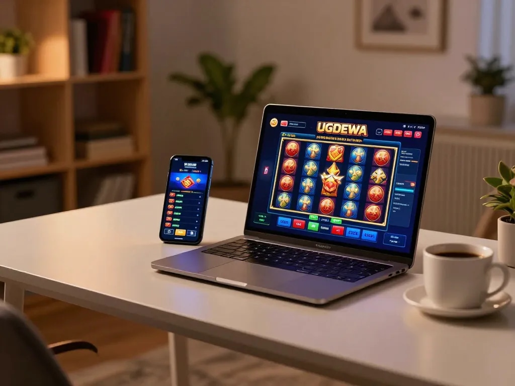 Engage with UGDEWA slot games on a laptop in a cozy home setup while enjoying a warm drink.