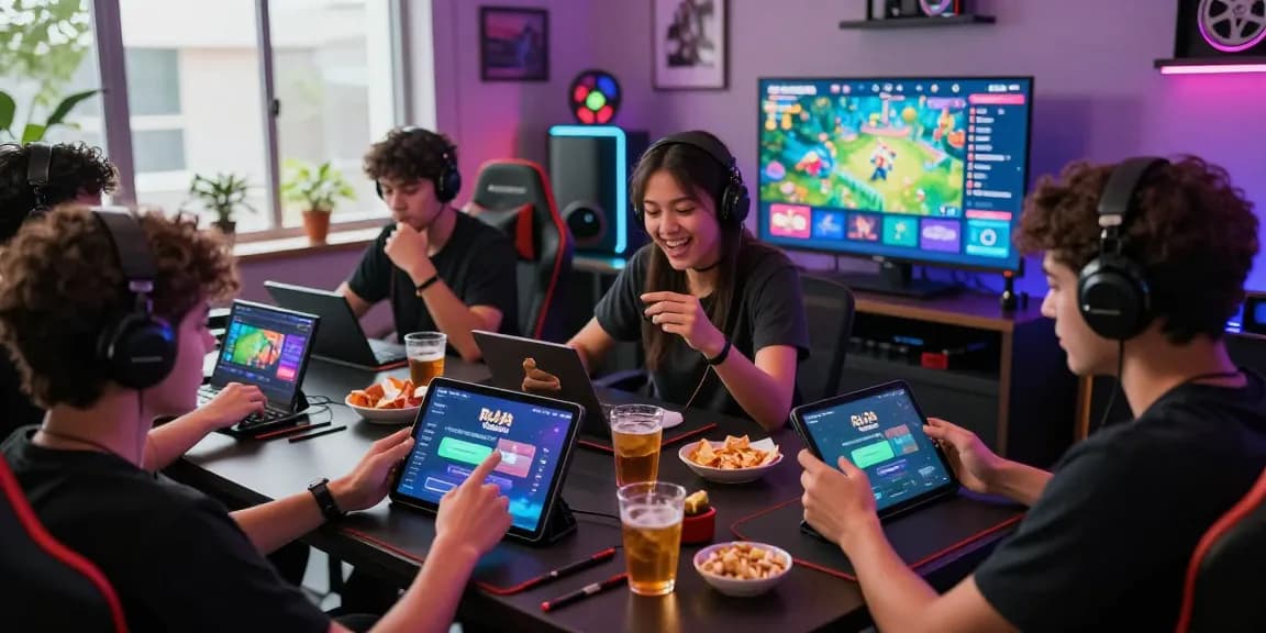 Players engaged in Raja Game login process in a vibrant gaming lounge.
