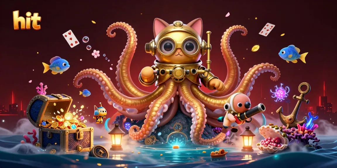 Experience hit gaming excitement with a fantastical kraken and diving cat in a treasure ocean scene.