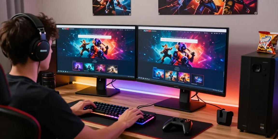 Gamer preparing to access the coloksgp login on dual monitors, vibrant gaming atmosphere with accessories.