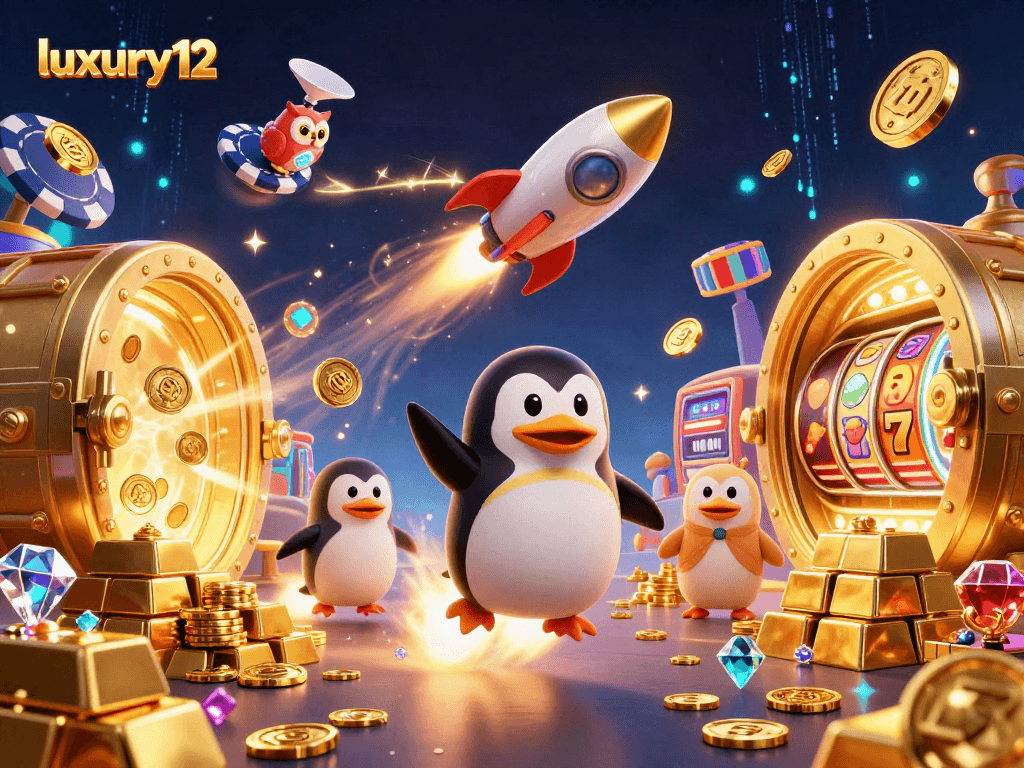 Luxury12 memikat pemain dengan kegembiraan slot dan harta karun emas dalam ilustrasi kasino yang mengesankan.