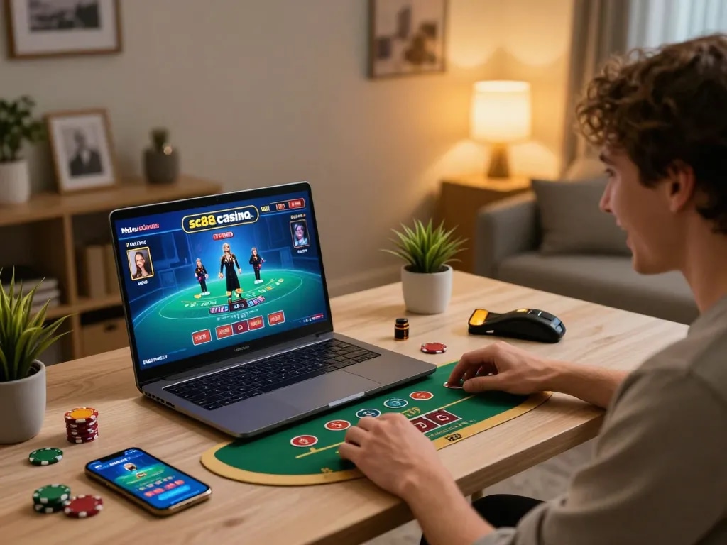 Engaging in live dealer blackjack on https://sc88.casino/ from a stylish home setup for a strategic gaming experience