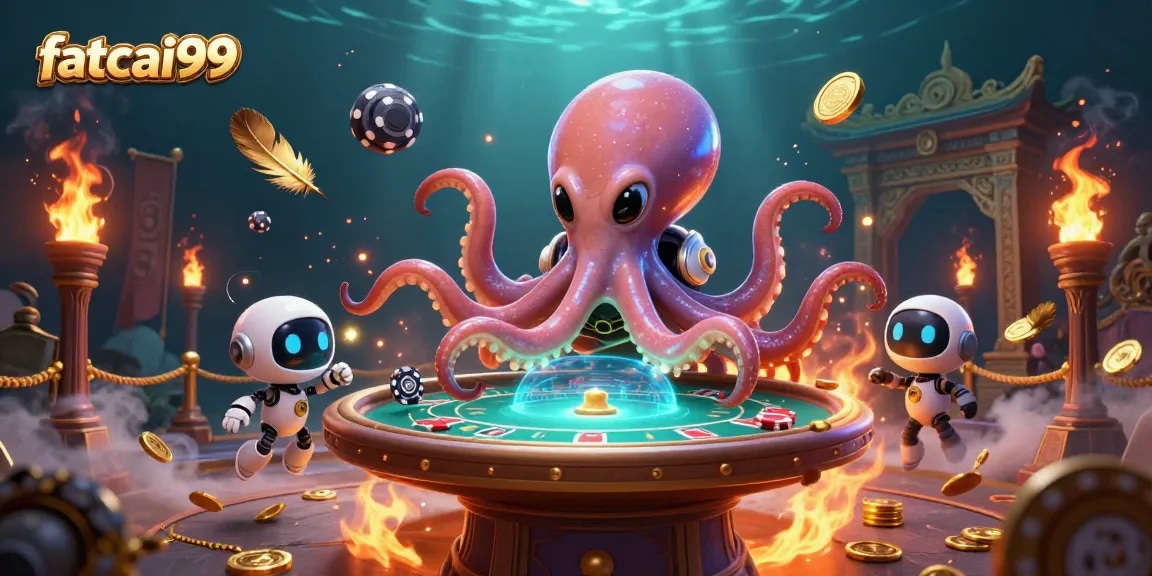Experience the thrilling action of fatcai99 with an alien octopus playing poker amidst cosmic elements.