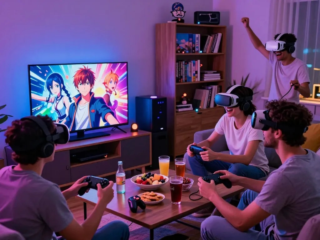 Engaged friends playing porngames together in a vibrant home gaming setup.