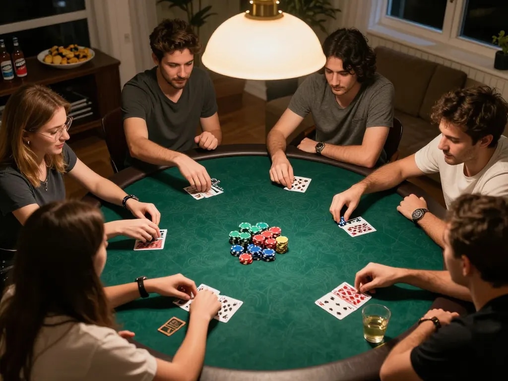 Playing poker with friends at home, focused on strategy for game go88