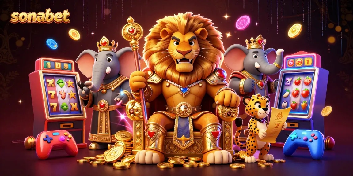 Experience the thrill of sonabet with a regal lion king and vibrant slot machines in a rich casino scene.
