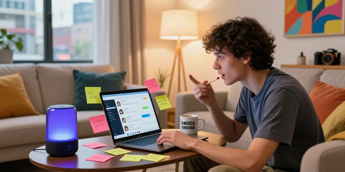 Engaging spicy chat interaction on a laptop in a cozy living room, showcasing a vibrant digital conversation atmosphere.