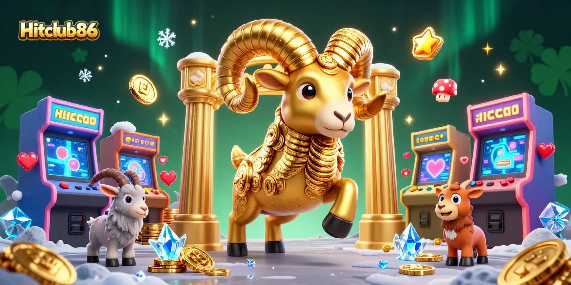 Experience Hitclub86's vibrant online gaming scene with a golden ram charging through a colorful casino.