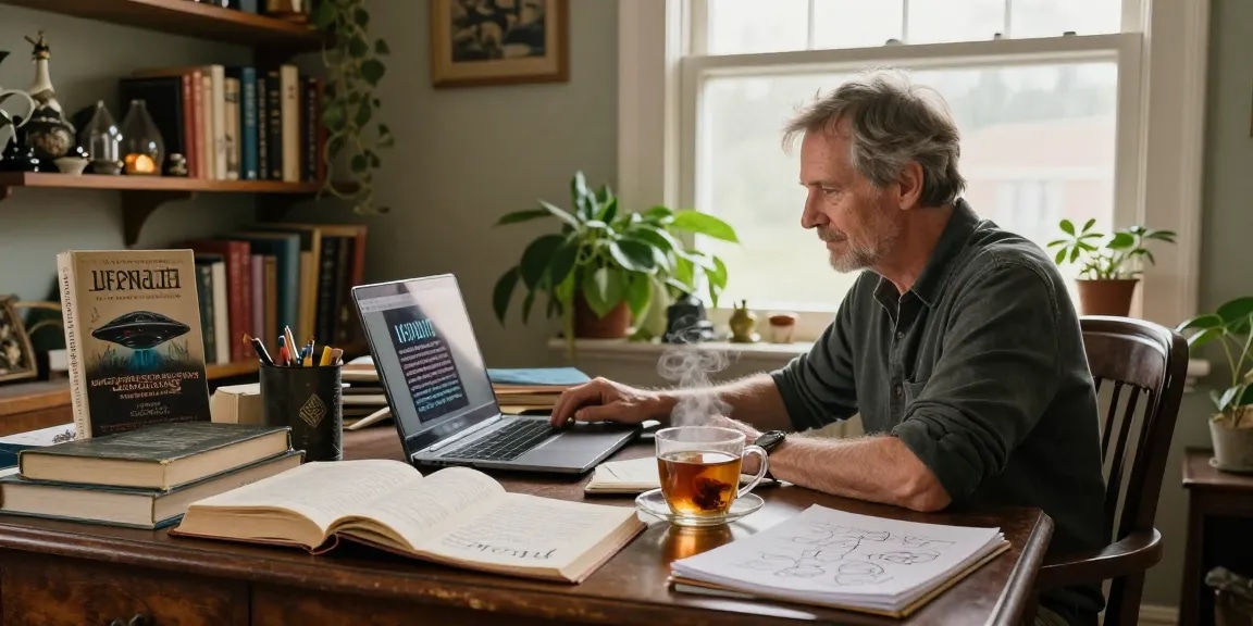 Cozy home study of T. Allen Greenfield featuring books on spirituality and UFOs at https://tallengreenfield.com.