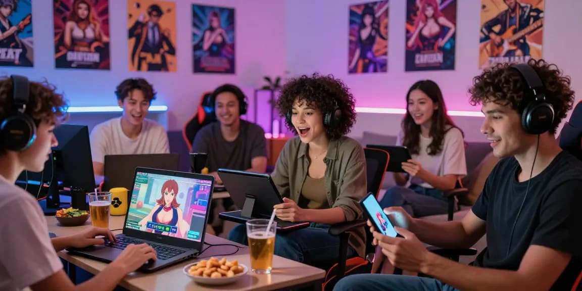 Players enjoying a hentai game on various devices, showcasing a vibrant gaming atmosphere.