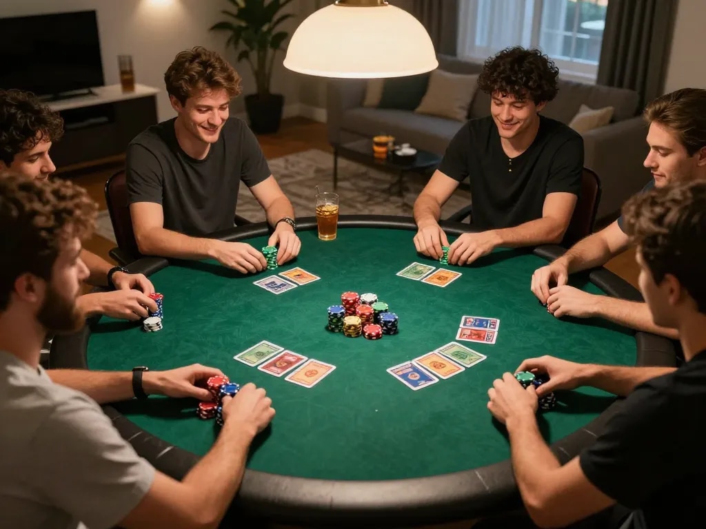 Maxpoker88 players enjoying a home poker night with vibrant chips and community cards.