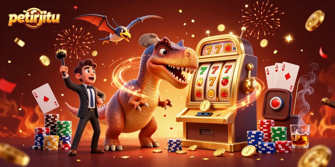 Petirjitu menghadirkan suasana ceria di kasino dengan dinosaurus dan mesin slot yang menggembirakan.