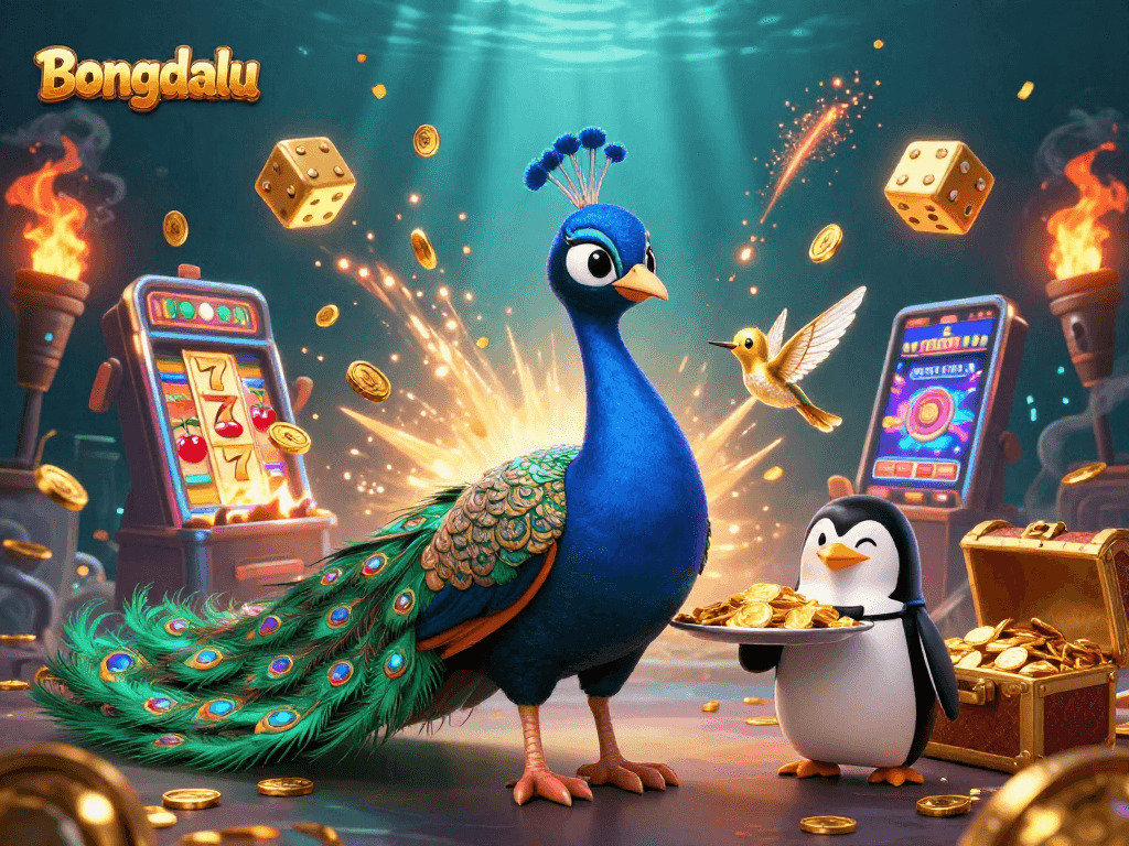 Experience fun gaming at Bongdalu with vibrant visuals of slots, chips, and characters.