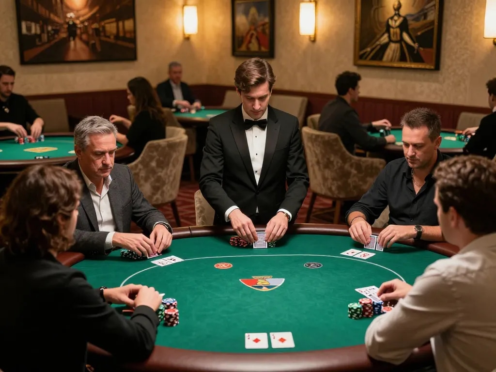 Engage in a high-stakes poker game at mm 88 casino lounge featuring players and vibrant green felt tables