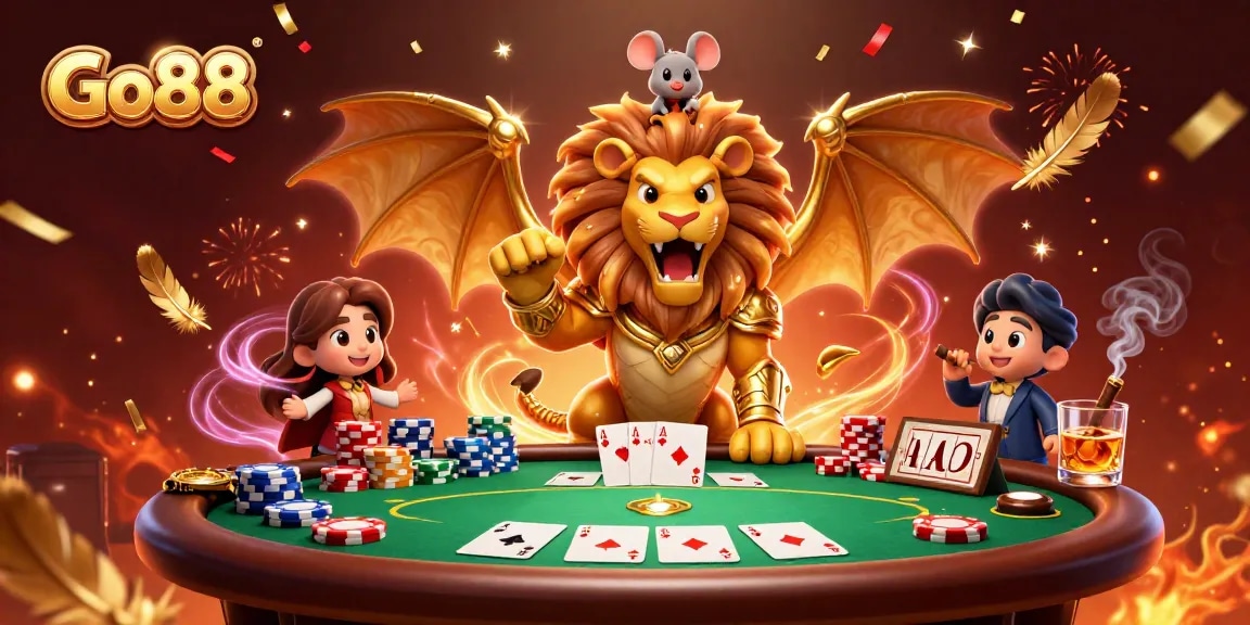 Experience thrilling gameplay at Go88 with an exhilarating 3D casino scene featuring poker tables, vibrant chips, and dynamic characters.