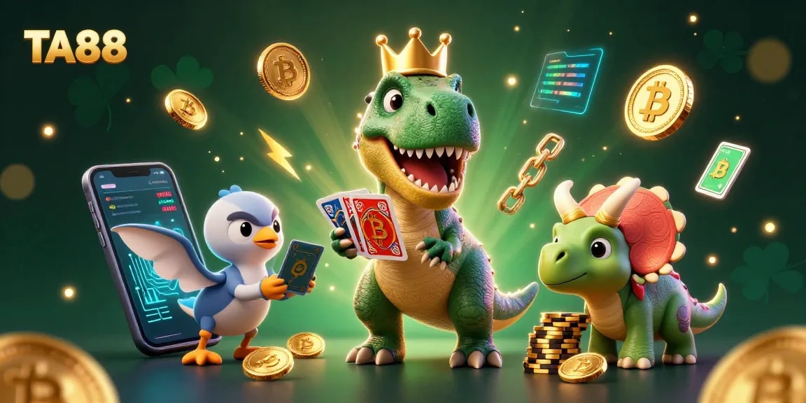 TA88 showcases a T-Rex shuffling cards while a pterodactyl assists in an engaging casino scene.