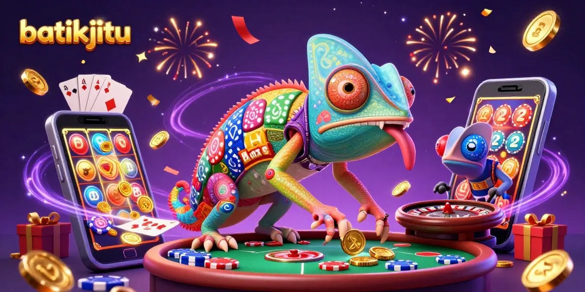 Bermain di batikjitu dengan chameleon kasino mencolok, memenangkan koin emas dengan setiap taruhan.
