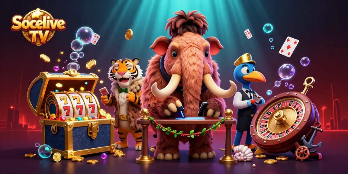 Socolive TV engages players with vibrant casino scene featuring a woolly mammoth bouncer and treasure elements.