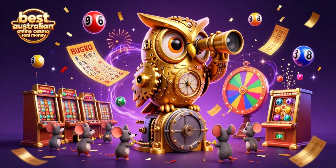 Experience the excitement at the best australian online casino real money with a vibrant 3D scene of animated characters and games.
