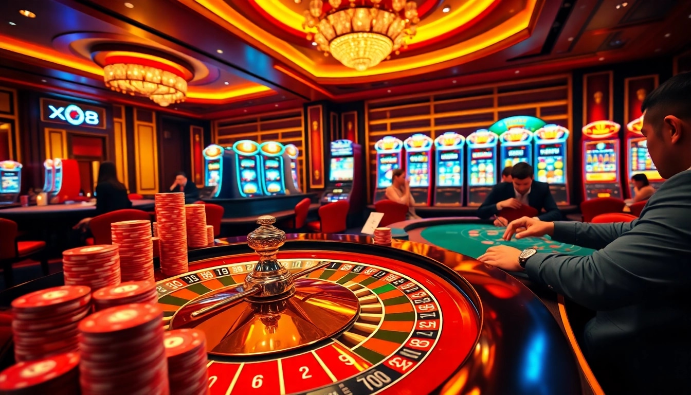 Players engaging in thrilling games at the XX88 online casino, showcasing excitement with poker chips and roulette.