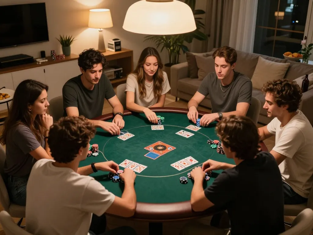 Players engaging in exciting poker night with togel deposit pulsa strategy elements evident in their chip management and betting