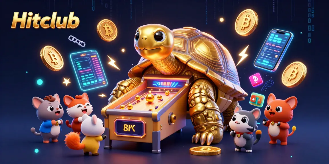 Engage with Hitclub's thrilling gaming experience featuring a colossal tortoise pinball machine amidst vibrant crypto elements.