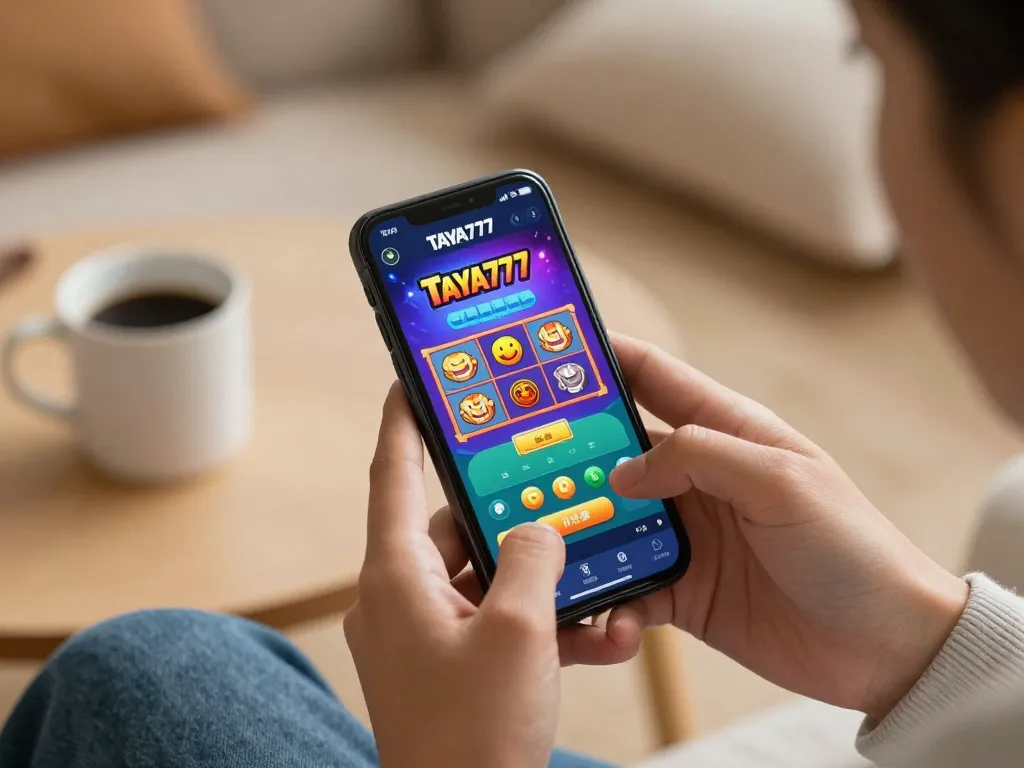 Engaging with taya777app while playing slots on smartphone in a cozy home setting.