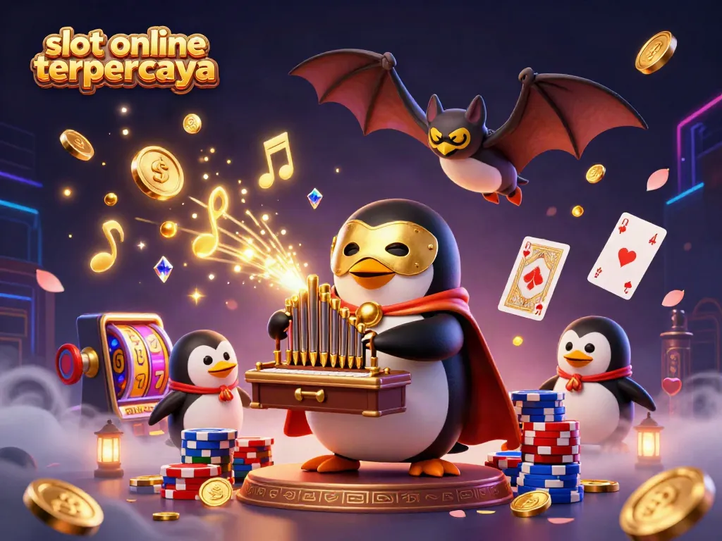 Slot online terpercaya dengan penguin bermain organ menghasilkan koin emas dan elemen kasino dalam aksi.