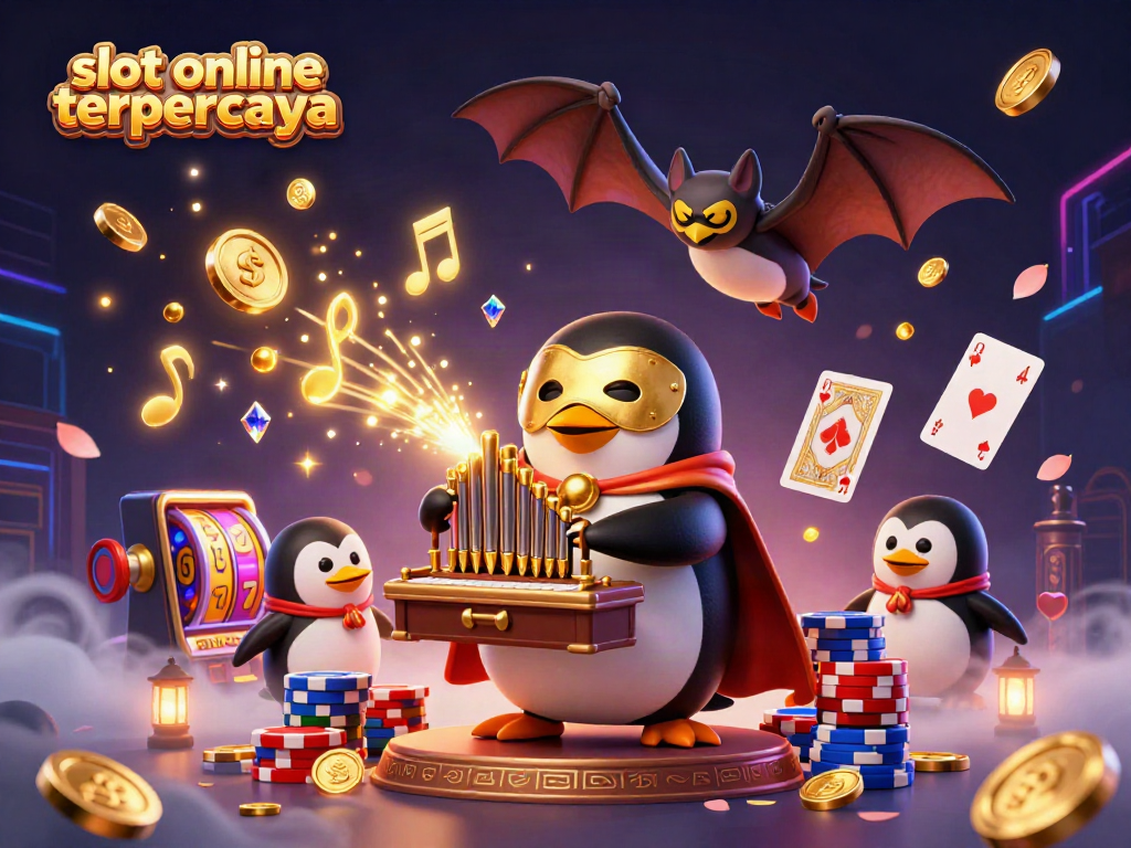 Slot online terpercaya dengan penguin bermain organ menghasilkan koin emas dan elemen kasino dalam aksi.