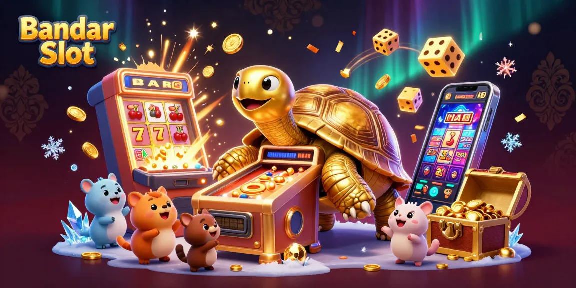 Permainan Bandar Slot yang menarik dengan karakter kura-kura emas dan mesin slot meriah.