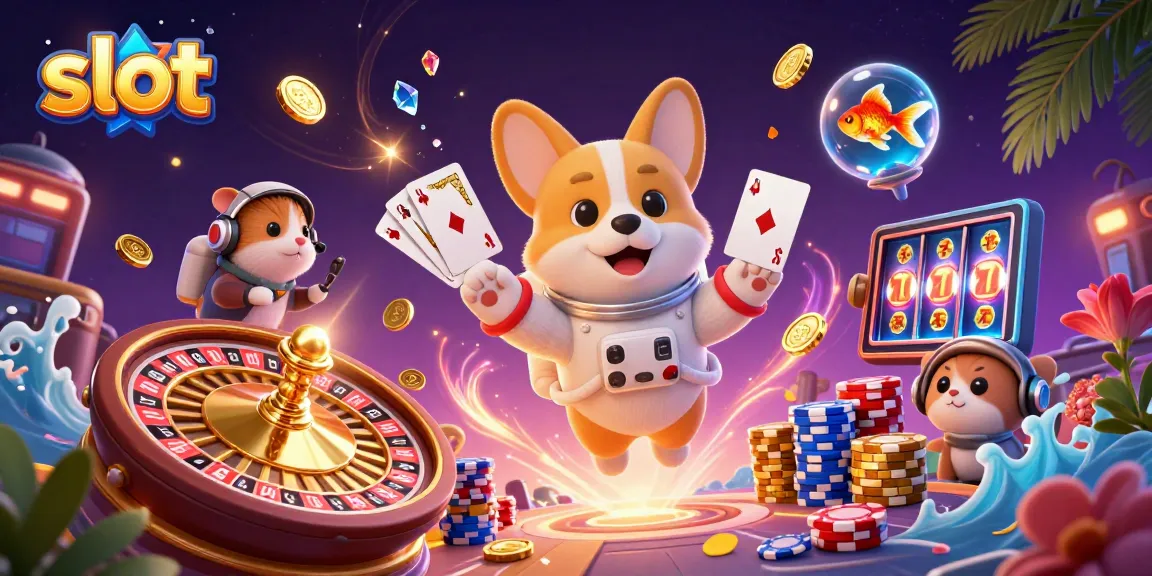 Experience thrilling slot games with a 3D cartoon astronaut corgi and friends in a vibrant casino