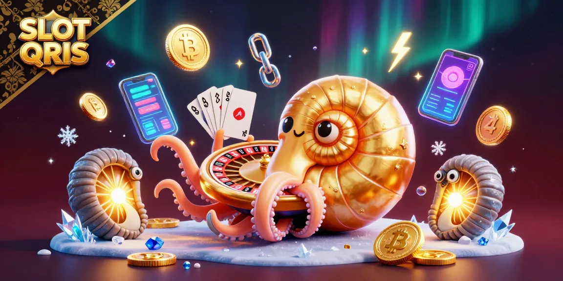 Experience thrilling wins at SLOT QRIS with vibrant visuals of slot games, crypto coins, and casino excitement.