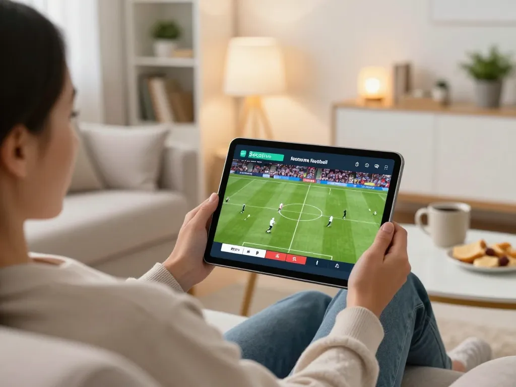 Socolive streaming live soccer match on tablet in comfortable living room.