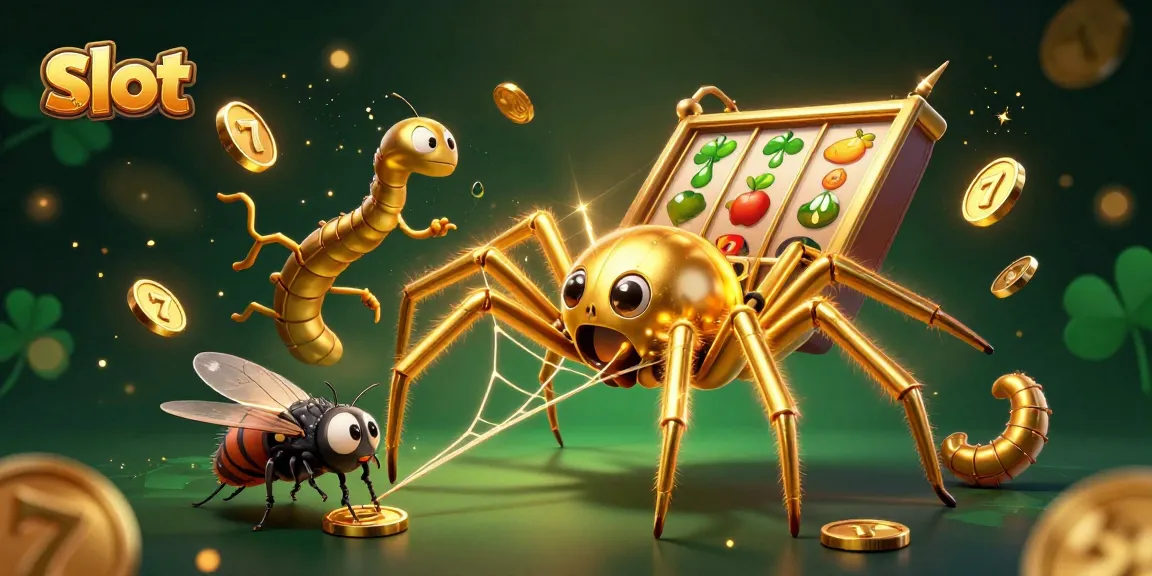 Spin the slot with the golden spider and centipede croupier amid a rich casino scene.