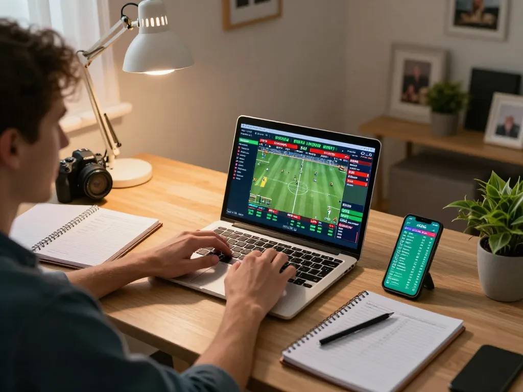 Terlibat dalam taruhan olahraga skor langsung dengan laptop dan smartphone di kantor rumah modern.