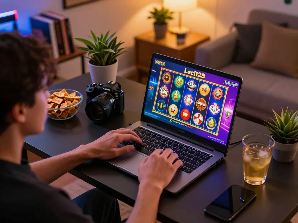 Pengaturan permainan online Leci123 dengan pemain fokus pada mesin slot, menampilkan permainan strategis.