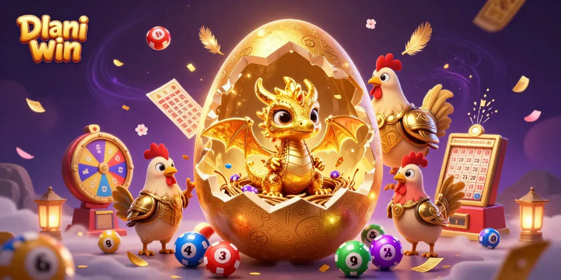 Dhani win showcases a colorful scene of a golden baby dragon atop poker chips amidst lottery balls, bingo cards, and vibrant gaming elements.