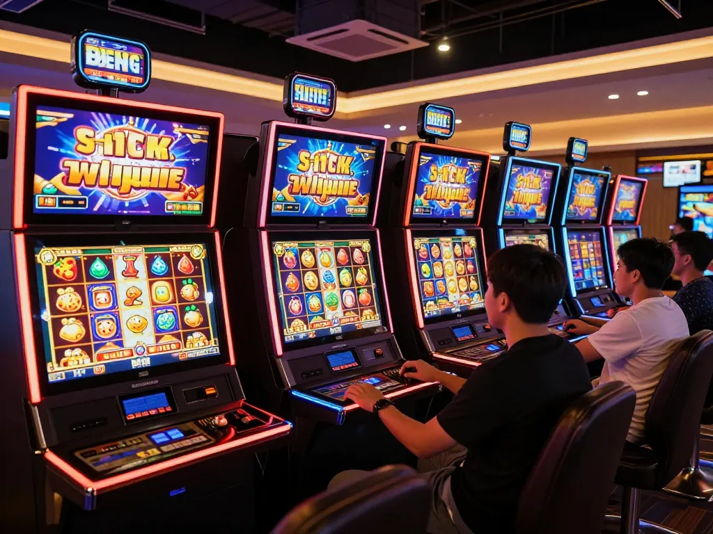 Engaged players spinning vibrant situs slot machines in a modern online casino gaming area.