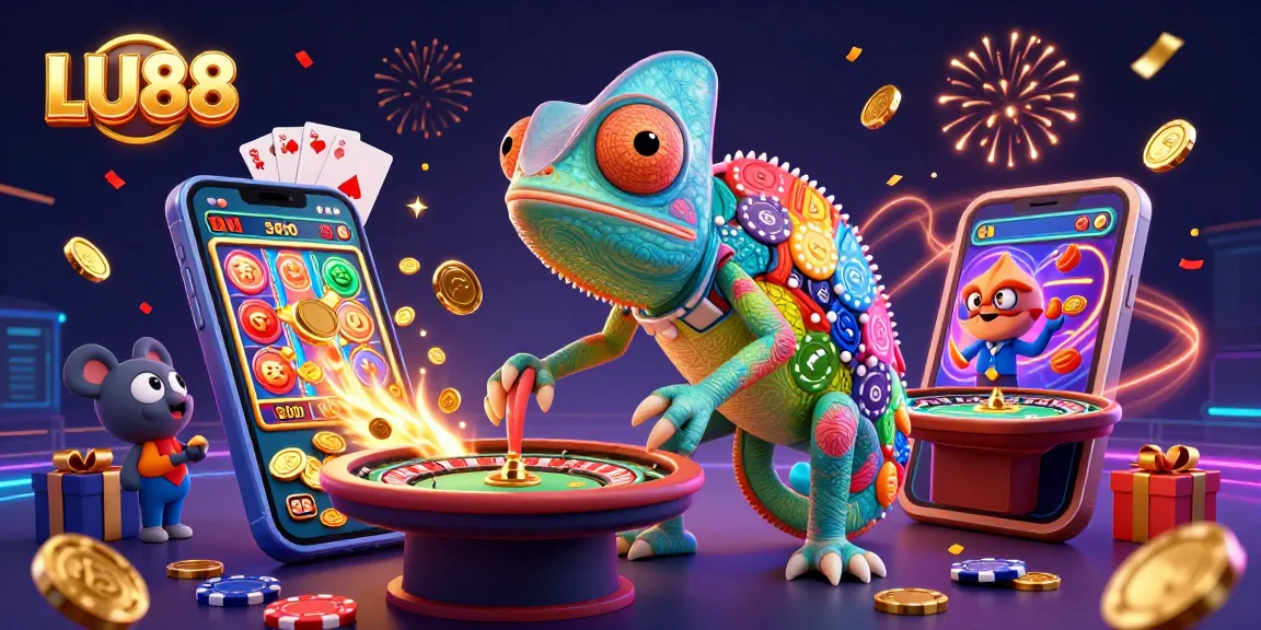 LU88 transforms the gaming experience with a colorful casino scene featuring a dynamic chameleon owner.