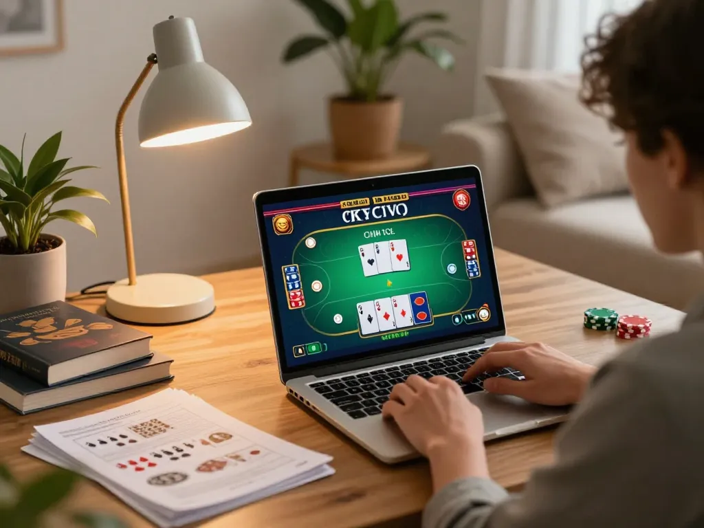 Player engaging in LV88 online poker game at home with cozy setup and strategic notes.
