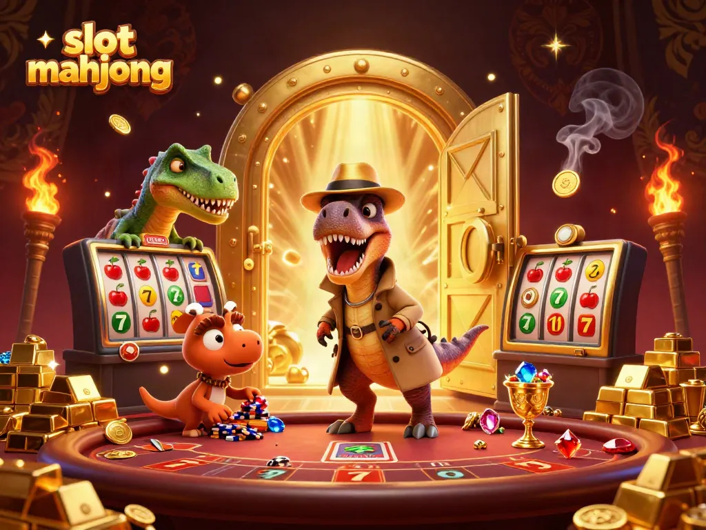 Experience engaging slot mahjong gameplay with a insightful velociraptor at a blackjack table surrounded by prizes.