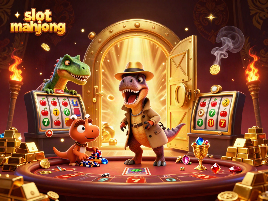 Experience engaging slot mahjong gameplay with a insightful velociraptor at a blackjack table surrounded by prizes.