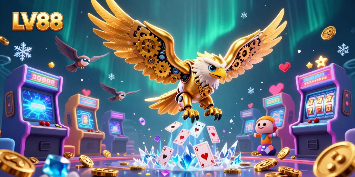 Experience winning gameplay at LV88, with a dynamic scene of a golden eagle amidst vibrant gaming elements and holographic cards.