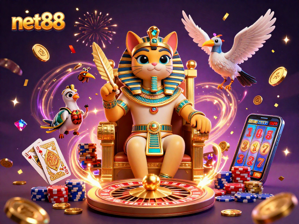 Experience the excitement of net88 with a vibrant scene showcasing an Egyptian pharaoh cat in a casino.