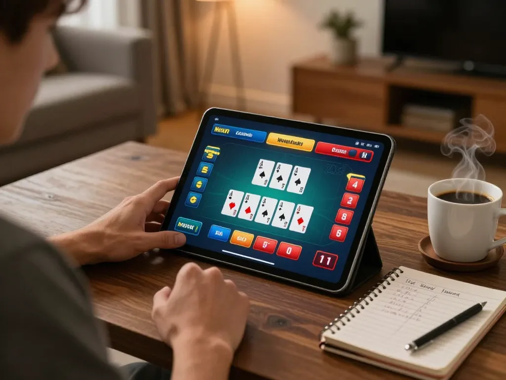 Player using lc88 app for online blackjack, strategizing with notes and coffee.