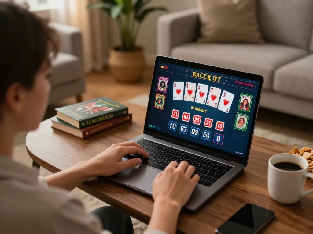 Baccarat gameplay on a laptop, showcasing strategic betting decisions in a cozy home setting.