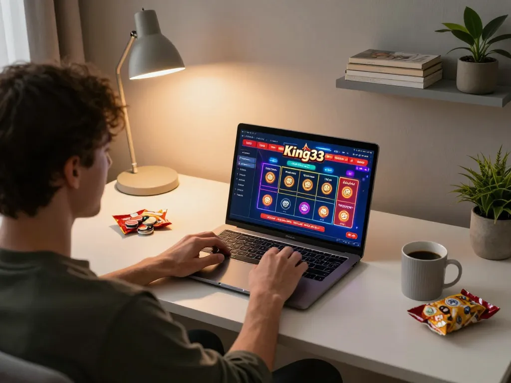 Player enjoying online casino games on King33 platform from the comfort of home.