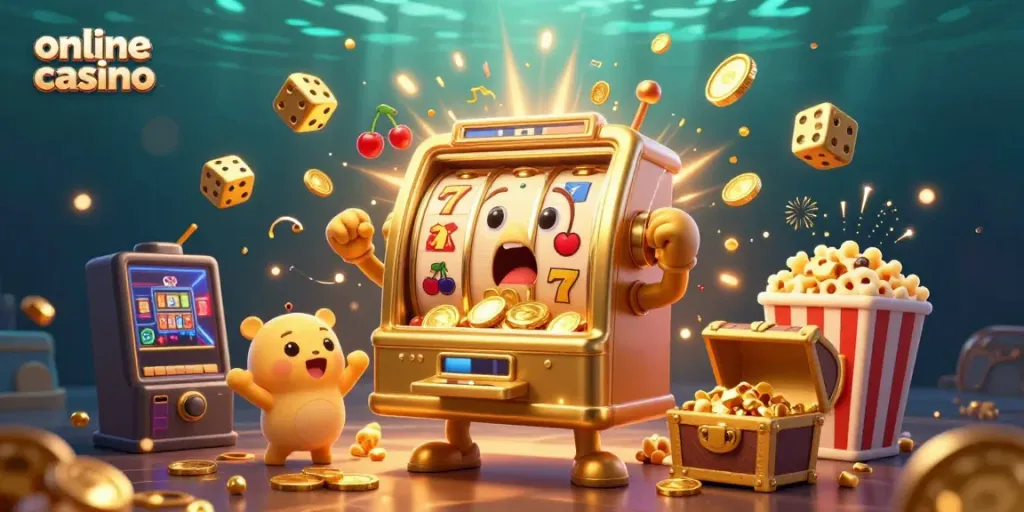 Experience thrilling moments at an online casino with a lively slot machine scene, celebrating big wins.